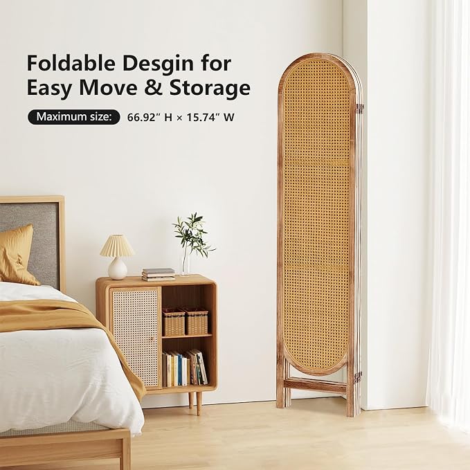 4 Panel Rattan Room Divider, Folding Room Divider Screen, Natural | Pine Wood - Image 5