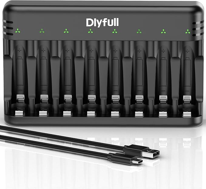 Dlyfull 8 Bay AA AAA Battery Charger with USB-C High-Speed Charging, Independent Slot for 1.2V Ni-MH Ni-CD Rechargeable Batteries, Cable Included