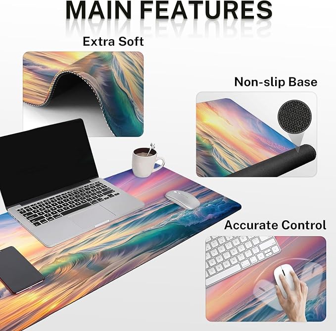 Britimes Sunset Beach Keyboard Mouse Pad Set 4in1 Large Mousepad+Keyboard Wrist Rest+Mouse Wrist Rest+Coaster Set with Ergonomic Design for Home Office Computer 35.4x15.7 inches