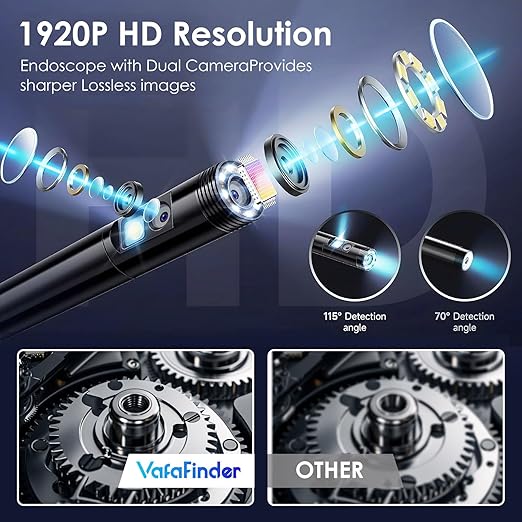 Borescope Camera with Light,16.4FT Semi Rigid Snake, 1920P HD Borescope Camera with 8 Adjustable LED, Borescope for iPhone IP67 Waterproof Automotive Engine Plumbing HVAC Inspection 8 mm (Dual-Lens)