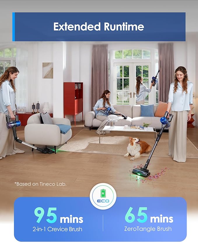 Tineco Pure ONE S70 Cordless Vacuum Cleaner, 200AW Powerful Suction, 3D Sense Pro Cleaning System, 6-Stage Filtration with 95min Runtime, Zero Tangle Brush with 180° Foldable Tube (Blue-Gray)
