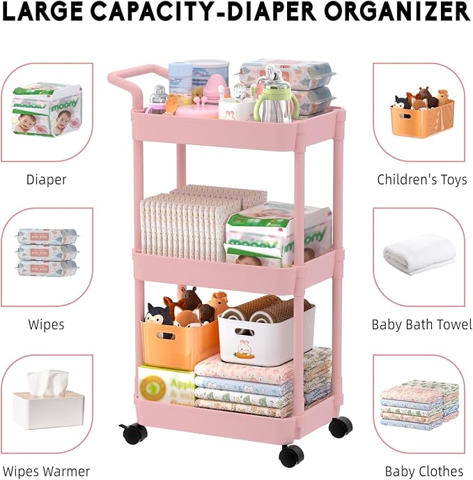 Volnamal Diaper Caddy, 3 Tier Rolling Cart - Image 5