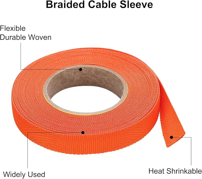 MECCANIXITY Braided Cable Sleeves Heat Shrinkable Fabric Sleeving, 3/8" 26ft Orange 2:1 Ratio Heat Shrinkable Cord Protector for Harness Cable, Network Cable Protection, Cable Management