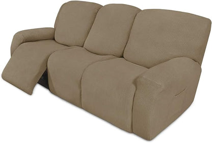 Easy-Going 8 Pieces Recliner Sofa Stretch Sofa Slipcover Sofa Cover Furniture Protector Couch Soft with Elastic Bottom Kids, Spandex Jacquard Fabric Small Checks Tan