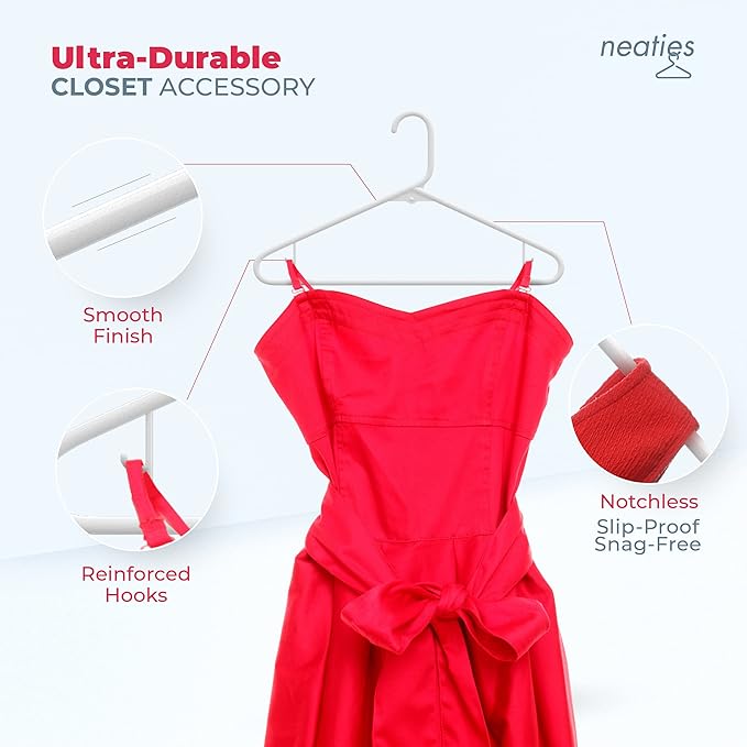 Neaties Plastic Hangers 100 Pack – Made in The USA – 6lb Capacity Standard Clothes Hangers with Strap Hooks for Dresses, Lingerie, Shirts, Pants, and Jackets – Mint
