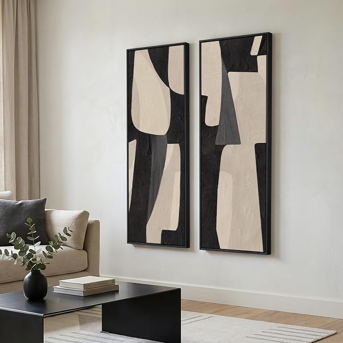 Framed Black Beige Abstract Long Vertical Wall Art - Image 2