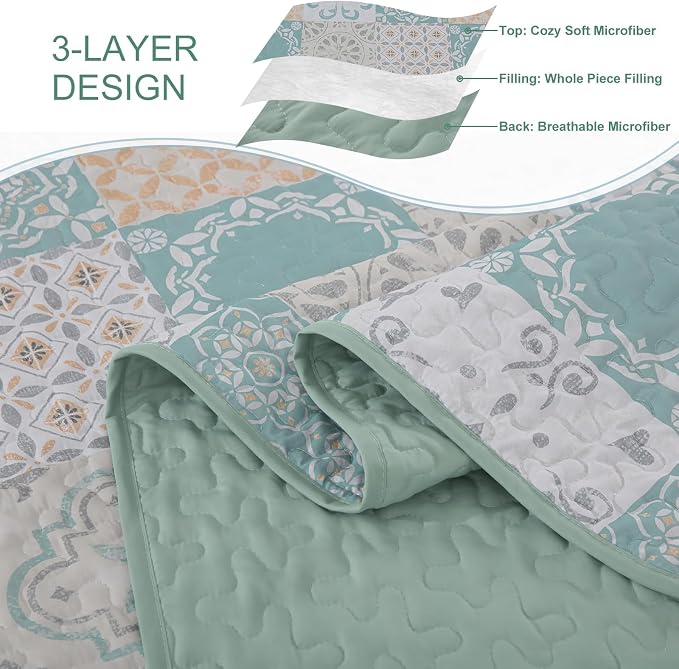 Dobuyly Patchwork Quilt Set Queen Size 3 Pieces Sage Green Yellow Boho Plaid - Image 8