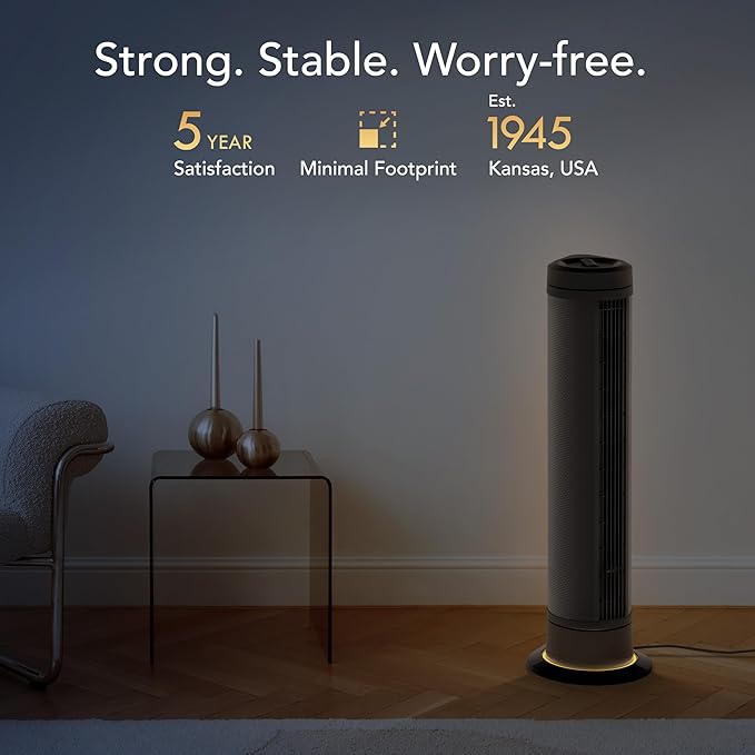 Vornado ARA® Oscillating Tower Fan with Ambient Light and Remote, 40 Inch, Quiet Powerful Standing Fan, 5 Speeds, Touch Control, Illuminated Air Circulator Fan for Bedroom and Home, Black