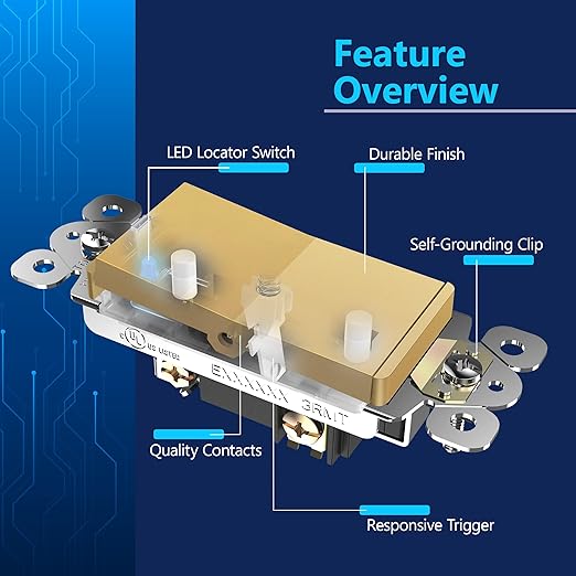 LIDER Minimalist Design Matte Finish Lighted 4-Way Decorator Light Switch, Four Way Frameless Rocker Switch, Residential/Commercial Grade, 15A 120V/277V, UL Listed, LS15-4W-GD, Gold