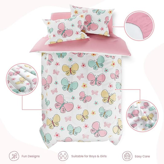 SANDJEST Butterfly Twin Bedding Sets for Girls, Ultra Soft Microfiber Comforter Set with 3-Pieces, Bed Sets for Kid Tween Teen Bedroom Decor