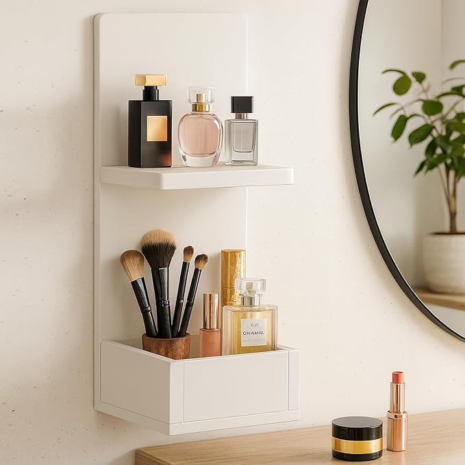 2-Tier White Floating Wall Shelf, Bedroom Storage - Image 5
