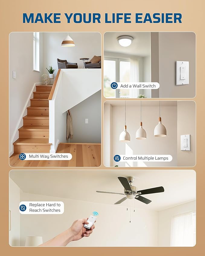 DEWENWILS Wireless Light Switch and Receiver Kit, 15A, No in-Wall Wiring Required,Remote Control Wall Switch Lighting Fixture for Ceiling Lights, Fans, Lamps,100 Ft RF Range, Programmable