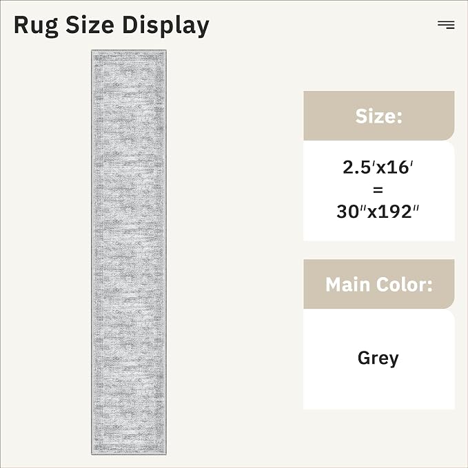 Soalmost Hallway Runner Rug 2'6" x 16' Washable Long Kitchen Rugs Grey | - Image 5