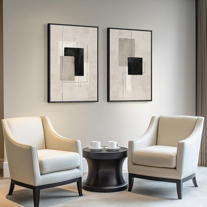 Large Framed Neutral Black Beige Abstract Wall Art - Image 8