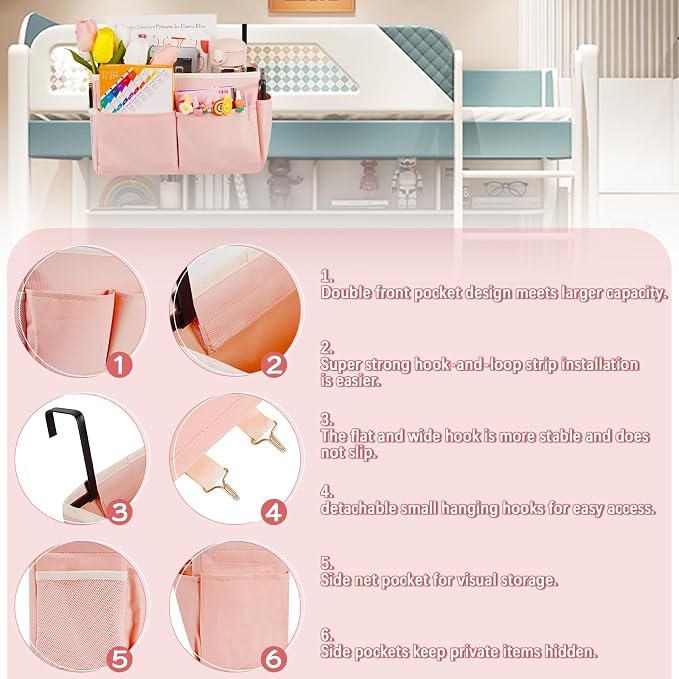 Bedside Caddy Organizer 5 Pockets 4 Hooks Bunk Bed 2Pack Pink | Hanging Storage - Image 6