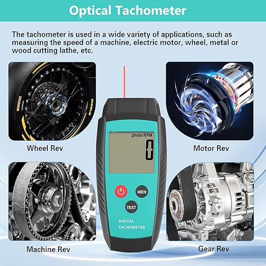 Non Contact RPM Tachometer with Large LCD Display for Precision RPM Measurement, 10 to 99,999 RPM Laser Photo Digital Tachometer RPM Gauge Meter with Reflection Tapes, MAX/MIN/LAST and Memory Function