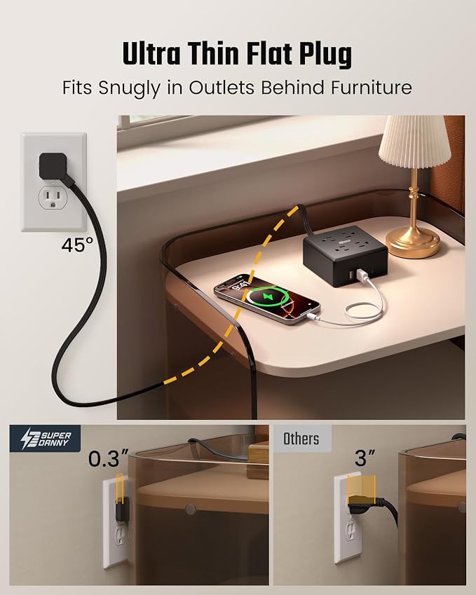 Power Strip, SUPERDANNY 4-Outlet 4-USB Surge Protector, 5 Ft Extension Cord - Image 3