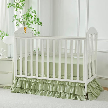 Brandream Crib Skirt Triple Layer Cotton Nursery Bed Skirt for Baby Girls Boys Toddler Bedskirt Solid Color Light Green Dust Ruffle Gender Neutral Farmhouse Chic Boho Bohemian Skirt