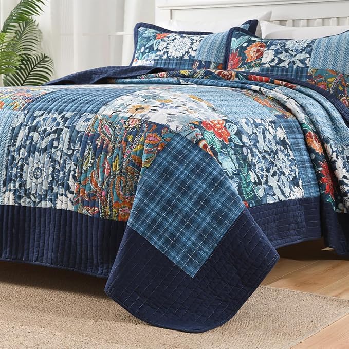 Autumn Dream Cotton Bedspread Luxury Vintage Floral Patchwork Blue Bedding - Image 5
