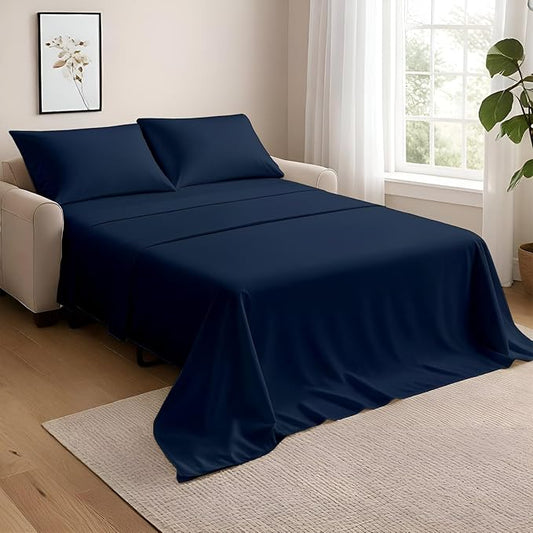 NON Sticky cotton Twin Size Sleeper Sofa Sheets, 4 Piece Egyptian Cotton Bed Sheet Set for Sofa Bed, 8" Deep Pocket for Pull Out Couch Mattress, 39" x 75", Navy Blue Solid, Soft & Breathable