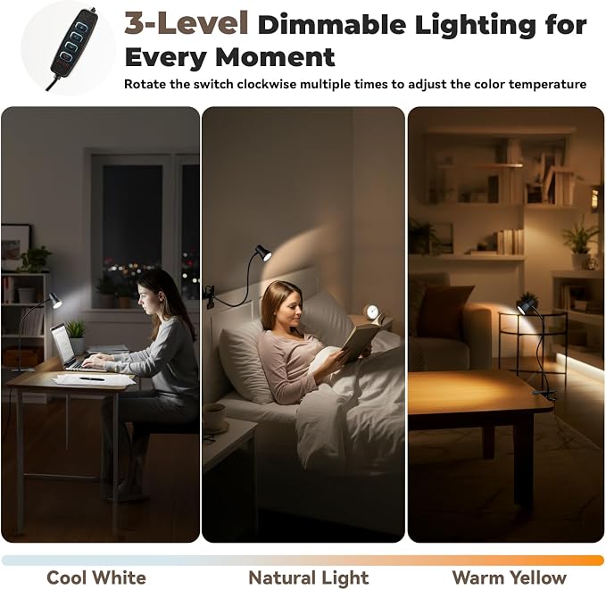 Eye-Caring Clip On Desk Lamp, 3 Color Modes & 10 Brightness LED Reading Light - Image 5