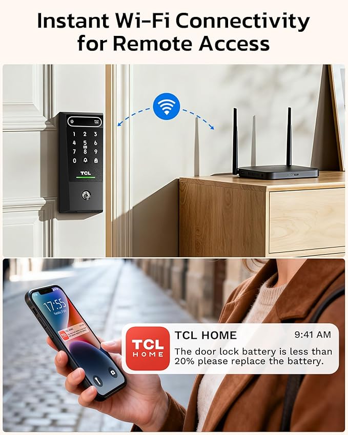 TCL D2 Pro Smart Lock with Palm Vein Recognition, 10000mAh Rechargeable Battery & Wi-Fi, Keyless Entry Door Lock, IP55 Weatherproof, Built-in Doorbell, Auto Lock, Compatible with Alexa, Black