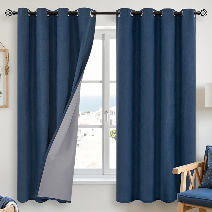 YoungsTex Navy Blue Linen Blackout Curtains 68 Inches Long by YoungsTex