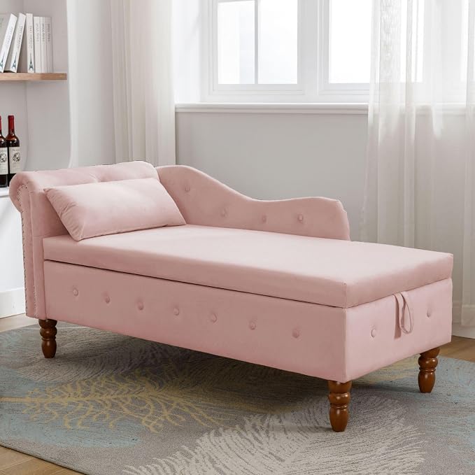 Aoowow Pink Velvet Bedroom Storage Bench End of Bed, Rolled Arm Couch Indoor by Aoowow