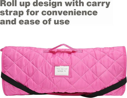 EVERYDAY KIDS Cute Preschooler and Toddler Cot Nap Mat for Home, Daycare, Preschool and Kindergarten; Easy to Roll Sleeping Mat with Elastic Straps, Pillow and Blanket