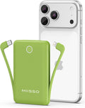 miisso 10000mAh Mini Portable Charger with Built in Cable, Pocket Size Power Bank Travel External Battery Pack for Phone, 3 Output USB Type C Cord Clutch Compatible with iPhone, Samsung, Green