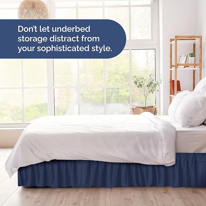 Wrap Around Dust Ruffle Bed Skirt - Navy Blue - for Queen Size Beds with 21 Inch Drop - Elastic Strap - Adjustable Pleated Bedskirt with Brushed Fabric and Wrinkle Free - for Women, Men, Kids & Teens