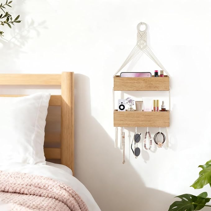 Mkono Macrame Wall Hanging Bedside Shelf Organizer Teen Girls Room Decor | Boho - Image 2