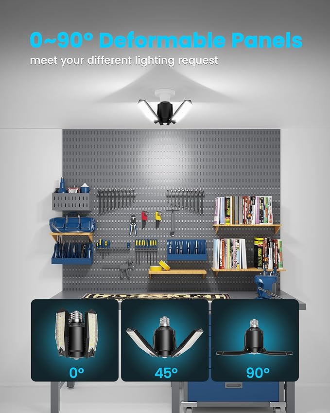 Kryoza Motion Sensor Garage Light 80W 8000LM, Motion Activated Shop Light with 360° Detection and 3 Deformable Panels, 3 Modes Screw-in Garage Ceiling LED Bulb for Indoor Basement, Attic 1-Pack