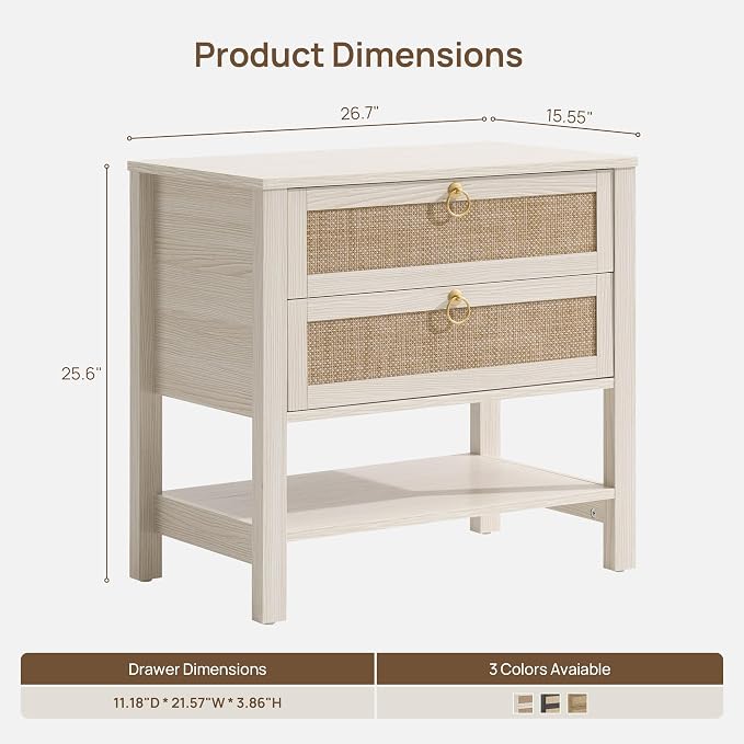 SICOTAS White Rattan Nightstand Set of 2, Wide Bedside Table - Image 2