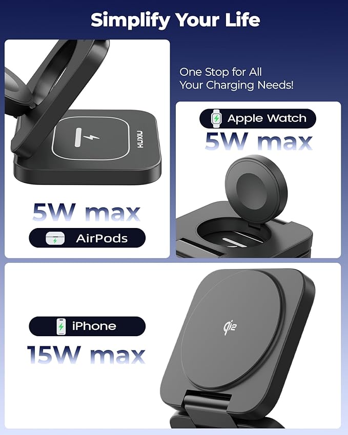 KU XIU X55Q Foldable 3 in 1 Magnetic Wireless Charger, 15W Qi2 Fast Charge for iPhone 17/16/15/14/13/12 and iPhone Air, 5W for Apple Watch 11–4/SE/Ultra, for AirPods 4/3/2/Pro 3/2/1 with 45W Adapter