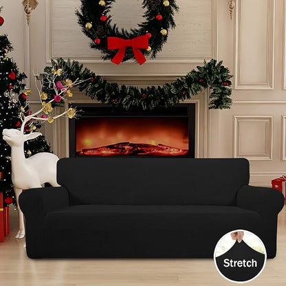 Easy-Going Stretch Oversized Sofa Slipcover 1-Piece Sofa Cover Furniture Protector Couch Soft with Elastic Bottom for Kids, Polyester Spandex Jacquard Fabric Small Checks Black