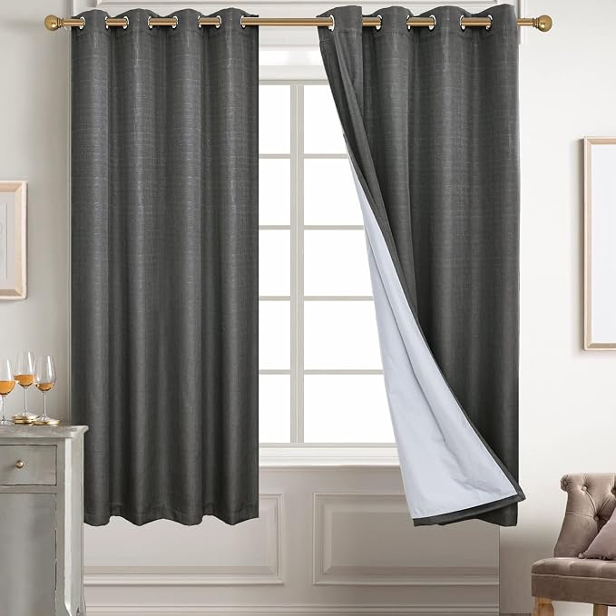 Diraysid 100% Blackout Curtains Dark Grey Linen Curtains - Image 2