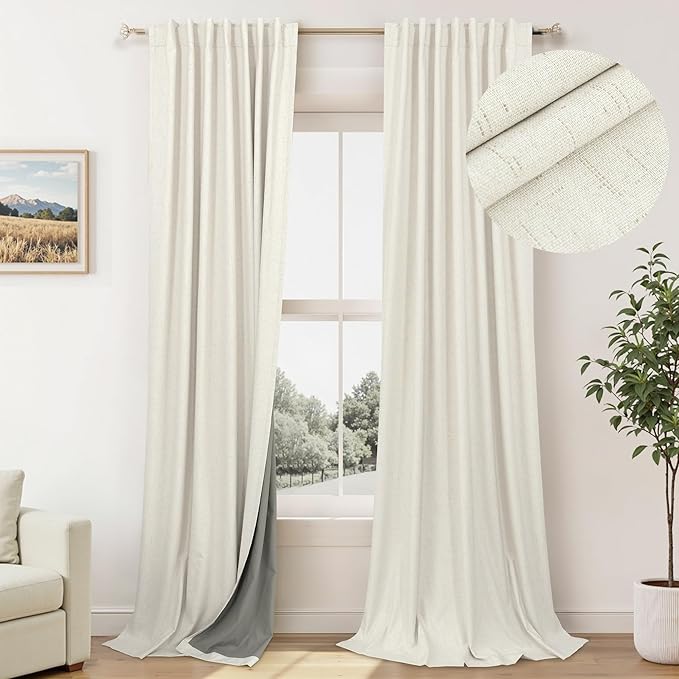 Blackout Curtains 94 Inches Long Custom Rustic for Living Dining Room Darkening Faux Linen Curtains Drapes Weather Burg Thermal Insulated Sound Draft Cold Warm Blocking Curtain No Light Cream Back Tab