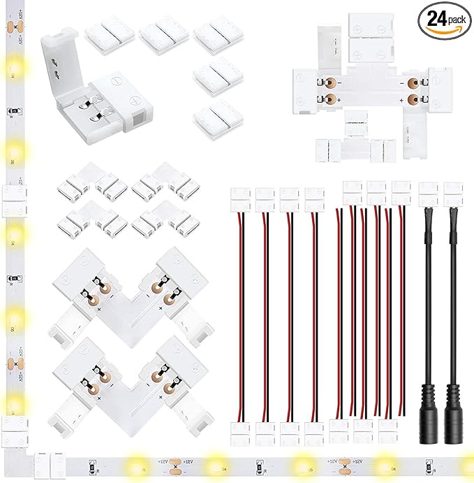 LightingWill 2 Pin LED Strip Light Connector Kit, 8mm Solderless Adapter Connectors, LED Strip Accessories Set for 8mm Wide 3528 2835 Single Color Flex LED Strips, 24 Pack