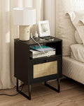 Masupu Rattan Nightstand with Charging Station, Modern Boho Farmhouse Wood by Masupu