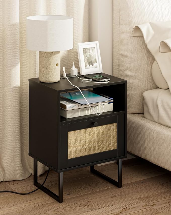 Masupu Rattan Nightstand with Charging Station, Modern Boho Farmhouse Wood by Masupu