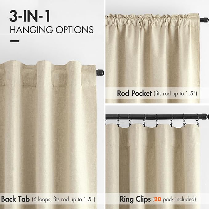 MIULEE 100% Blackout Curtains Linen Curtains & Drapes 90 Inch Cream Beige | 2 - Image 3