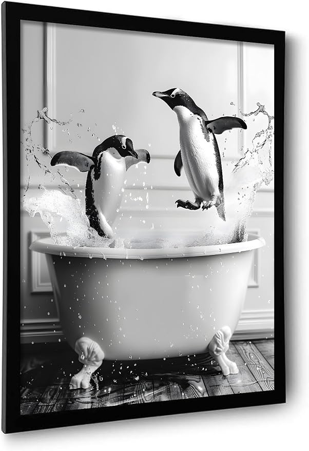 OIQArtOIQ Funny Bathroom Framed Wall Art Black and White Animal Canvas Wall Art by OIQArtOIQ