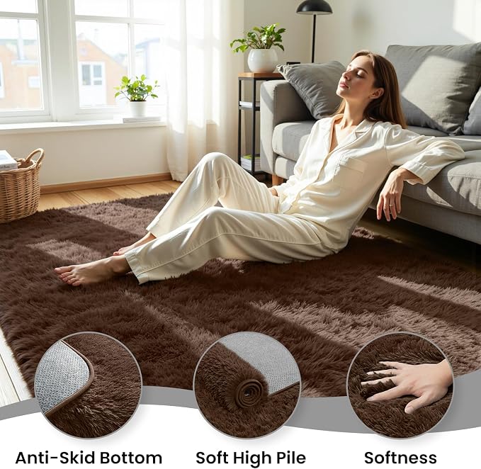 5x8 Fluffy Area Rug for Living Room: Soft Non-Slip Brown Bedroom Carpet | Ultra - Image 5