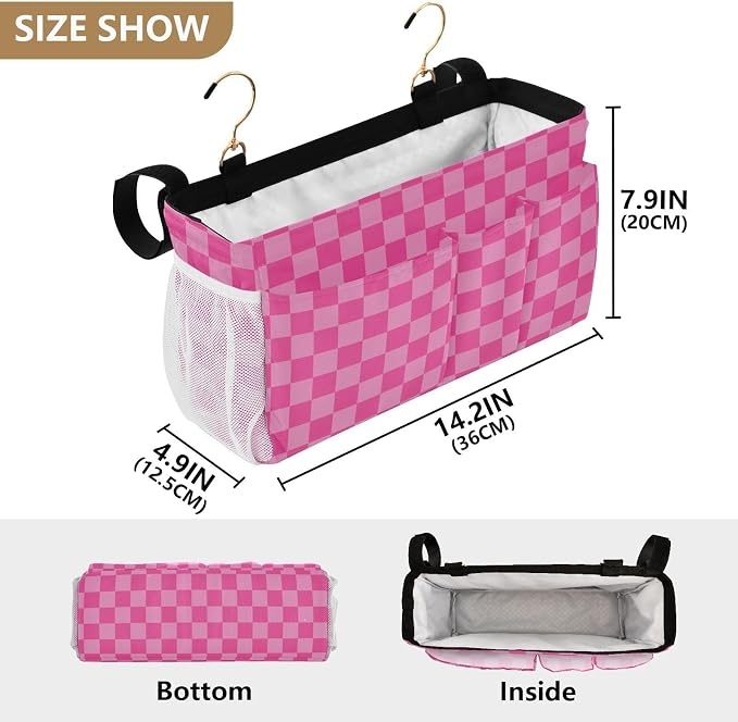Pink Checkered Print Bedside Caddy Storage Bag Bedside Organizer - Image 4