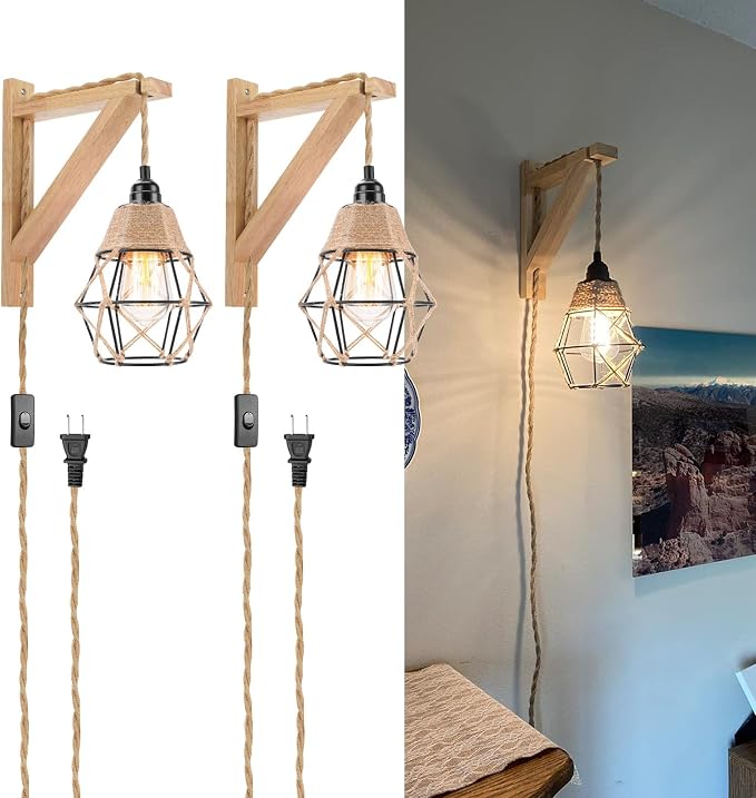 Frideko Plug in Wall Sconce Set of Two, Boho Farmhouse Hanging Wall Lamp by FRIDEKOHOME