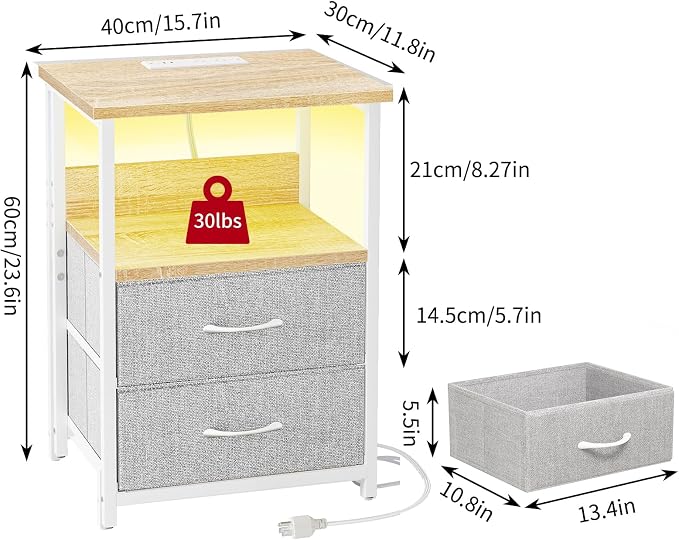 Fixwal Night Stand with Charging Station, Led Nightstand, 2 Fabric Drawers | - Image 2