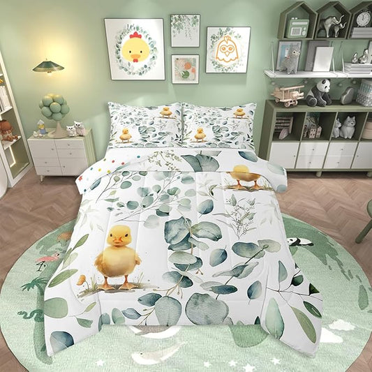 Erosebridal Kids Cute Animal Twin Bedding Sets for Girls Boys Cartoon Duck Comforter Set, Spring Eucalyptus Bedding Comforter Sets Watercolor Leaves Duvet Insert, Kawaii Farm Animal Down Comforter