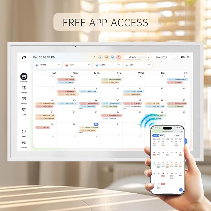 Digital Calendar, 15.6 inch Wall Planner & Chore Chart, Rechargeable Full HD Touchscreen Display, Portable Smart Family Organizer, Event Planner, Desk and Wall mountable, Perfect for Family Schedules - Wall Mount Included No Subscription