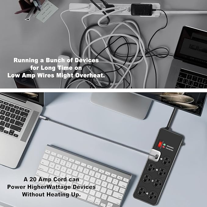 Heavy Duty Surge Protector 20Amp,Metal Power Strip with 8 Outlets,Wall Mount Surge Protector 4800J,12 Gauge 6FT Extension Cord 5-15P Adapter Workshop & Industrial Use with 6-20R T-Slot Outlets